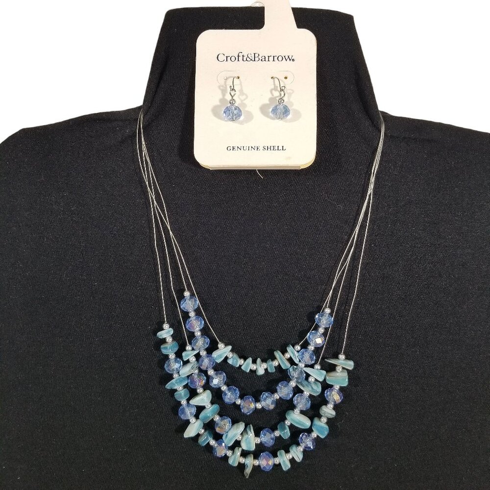 Blue Crystal and Shell Necklace & Earrings by Croft & Barrow NWT